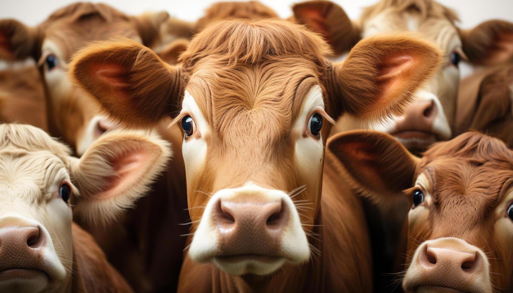 AI generated Cute cow grazing in green meadow, looking at camera generated by AI photo