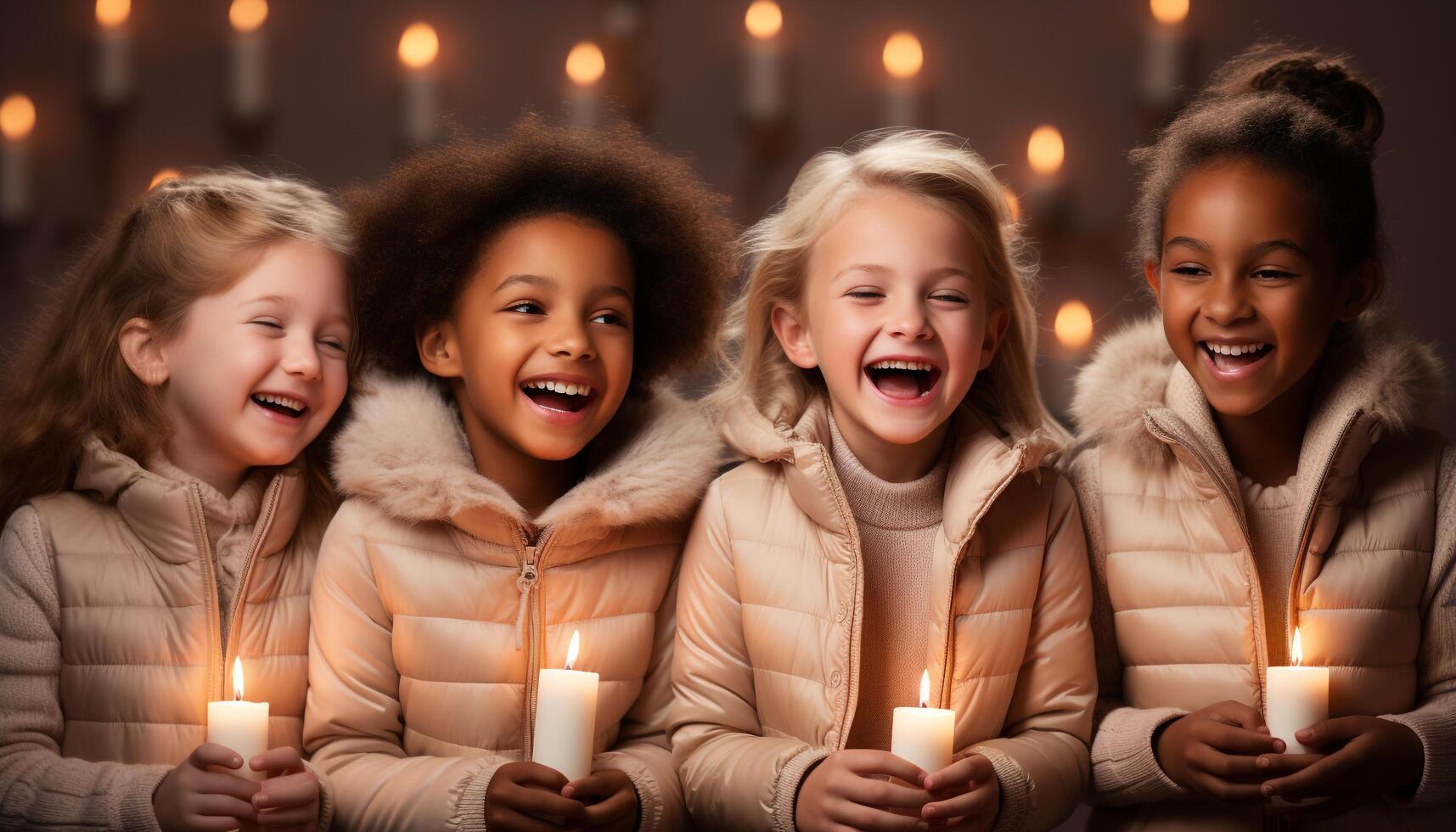 AI generated Smiling girls, cheerful boys, celebrating childhood, indoor flame, winter joy generated by AI photo