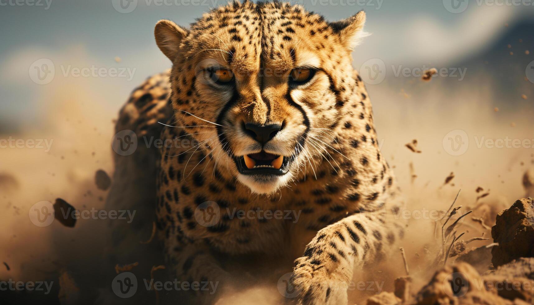 AI generated Majestic cheetah walking in African wilderness, looking at camera generated by AI photo