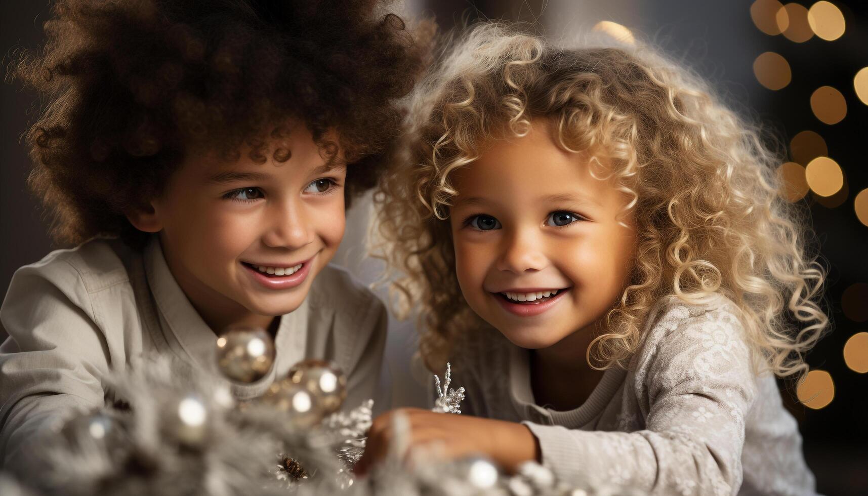 ai generado sonriente niños, linda y alegre, celebrando adentro, mirando a cámara generado por ai foto