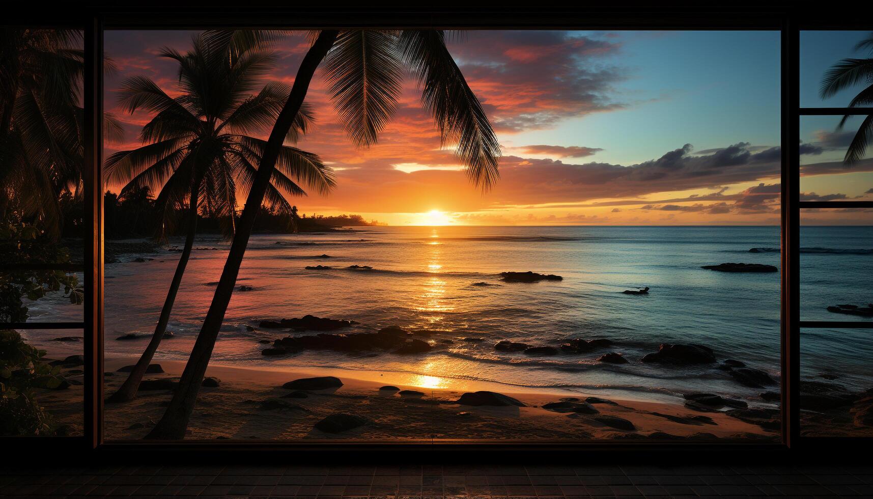 ai generado puesta de sol terminado tropical línea costera, naturaleza belleza reflejado en tranquilo aguas generado por ai foto