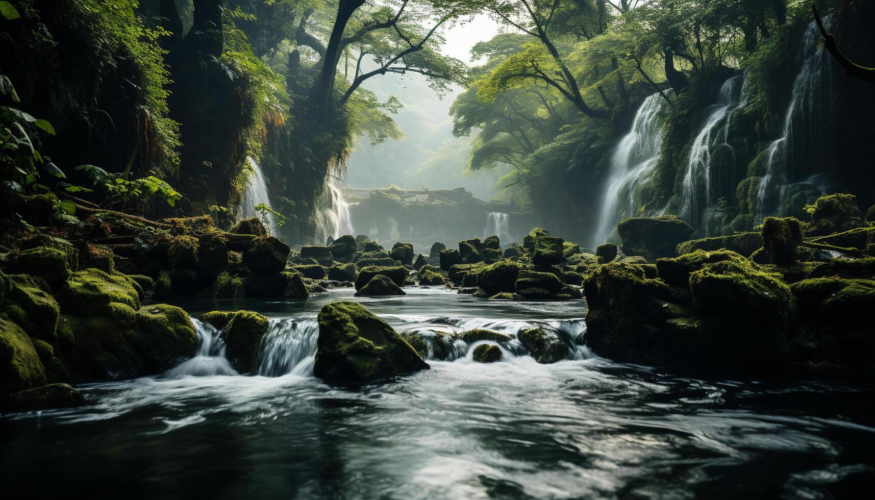 AI generated Tranquil scene  flowing water, green trees, and rocky cliffs generated by AI photo