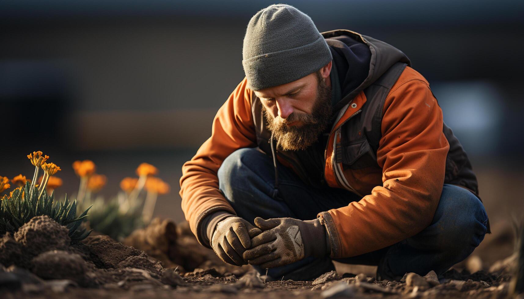 AI generated One man sitting outdoors, smiling, digging in dirt, planting generated by AI photo
