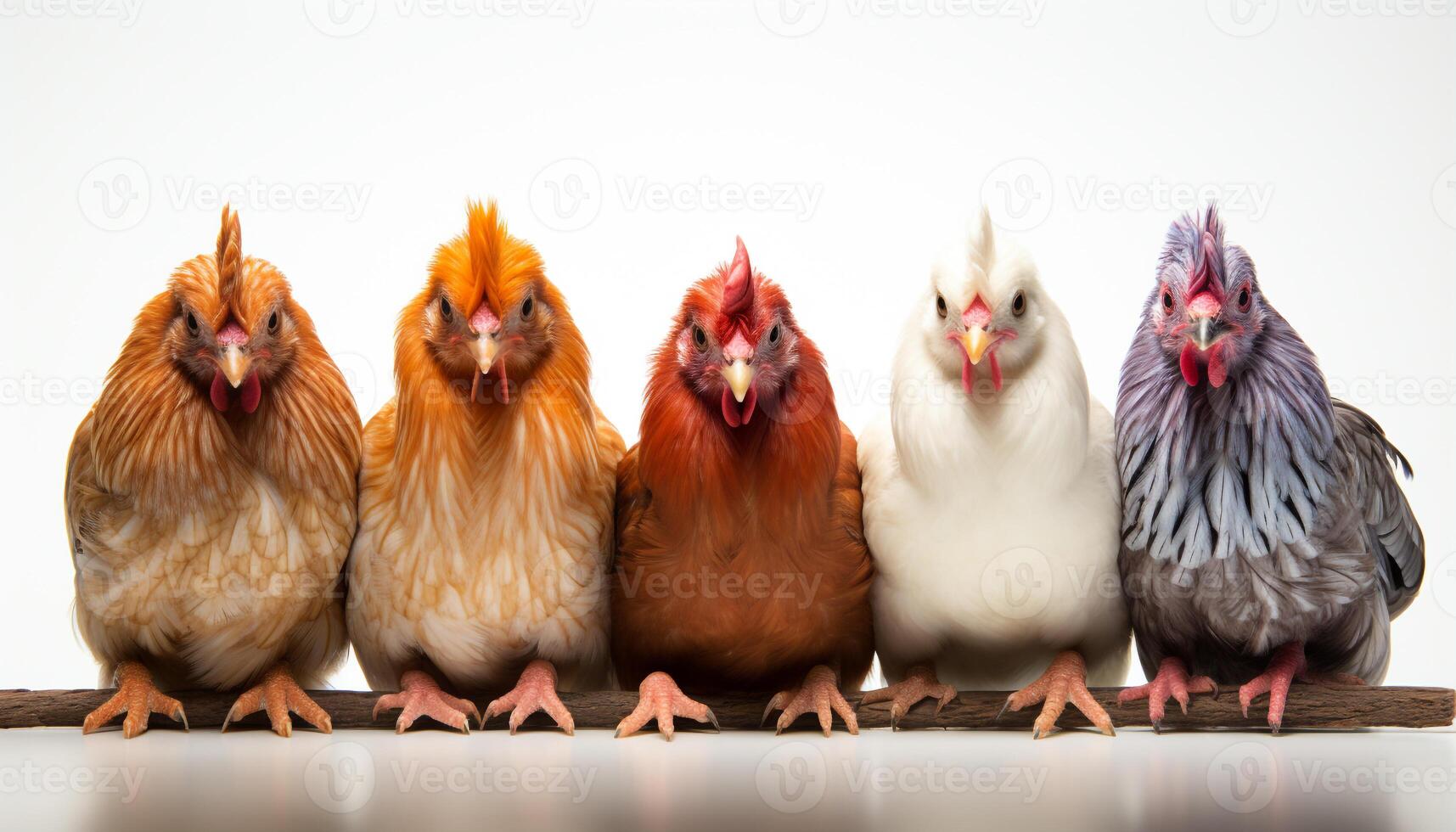 ai generado linda pollo en pie en césped, mirando a cámara, al aire libre generado por ai foto