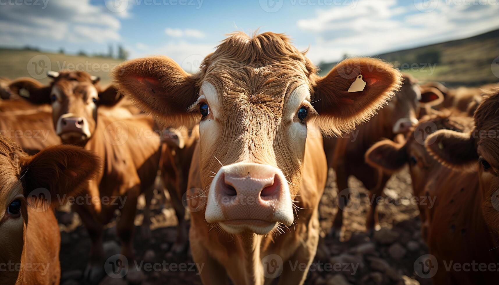 ai generado vacas pasto en verde prado, granjero mirando a cámara generado por ai foto