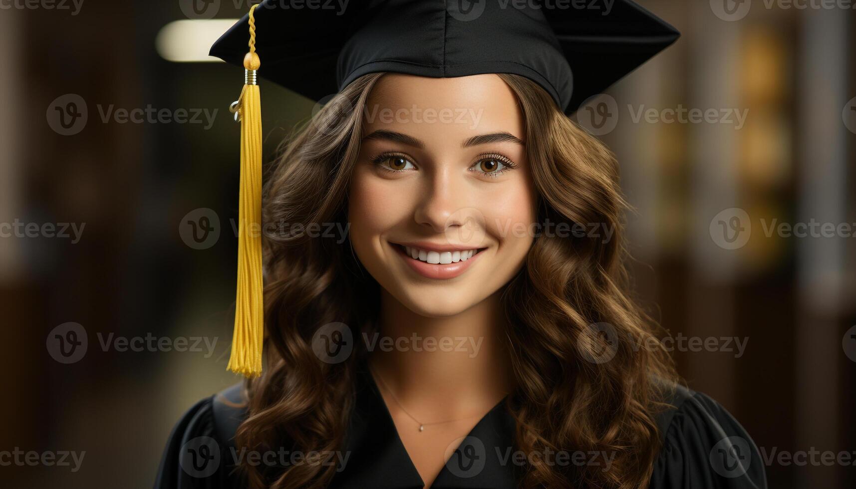 AI generated Young woman with graduation gown and diploma, smiling with pride generated by AI photo