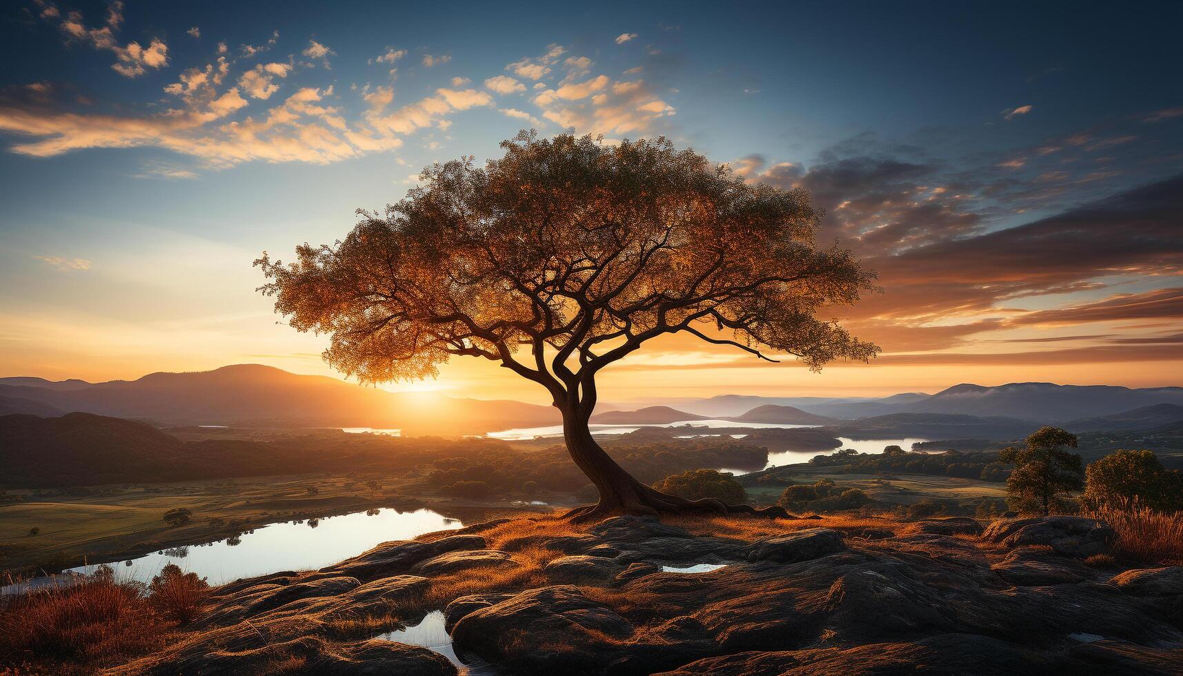 AI generated Sunset over the mountain range creates a tranquil autumn landscape generated by AI photo