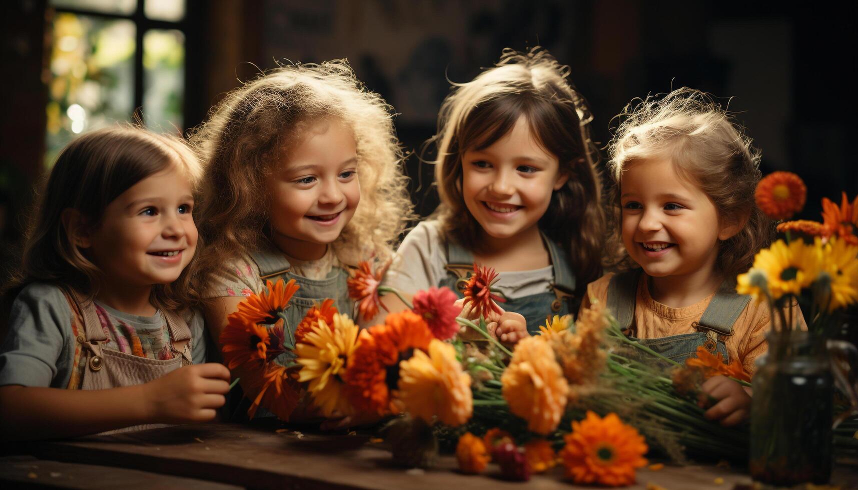 ai generado cuatro linda niños sonriente, jugando al aire libre, disfrutando naturaleza juntos generado por ai foto