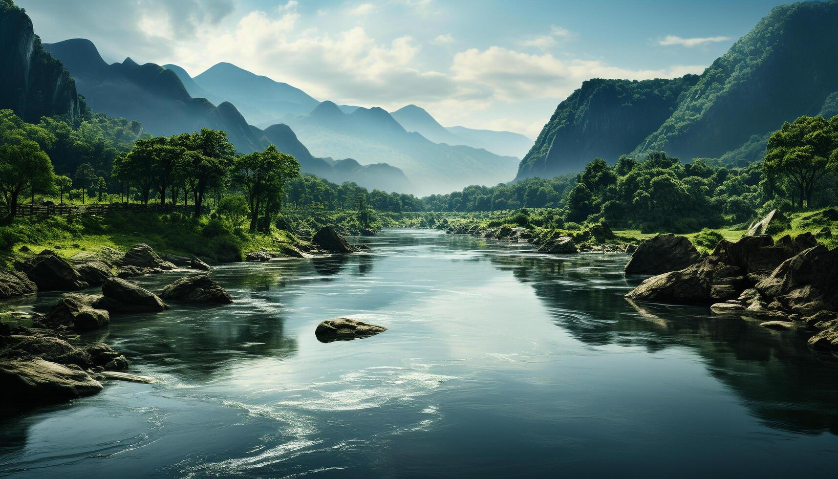 ai generado tranquilo escena montaña pico refleja en fluido agua, naturaleza belleza generado por ai foto