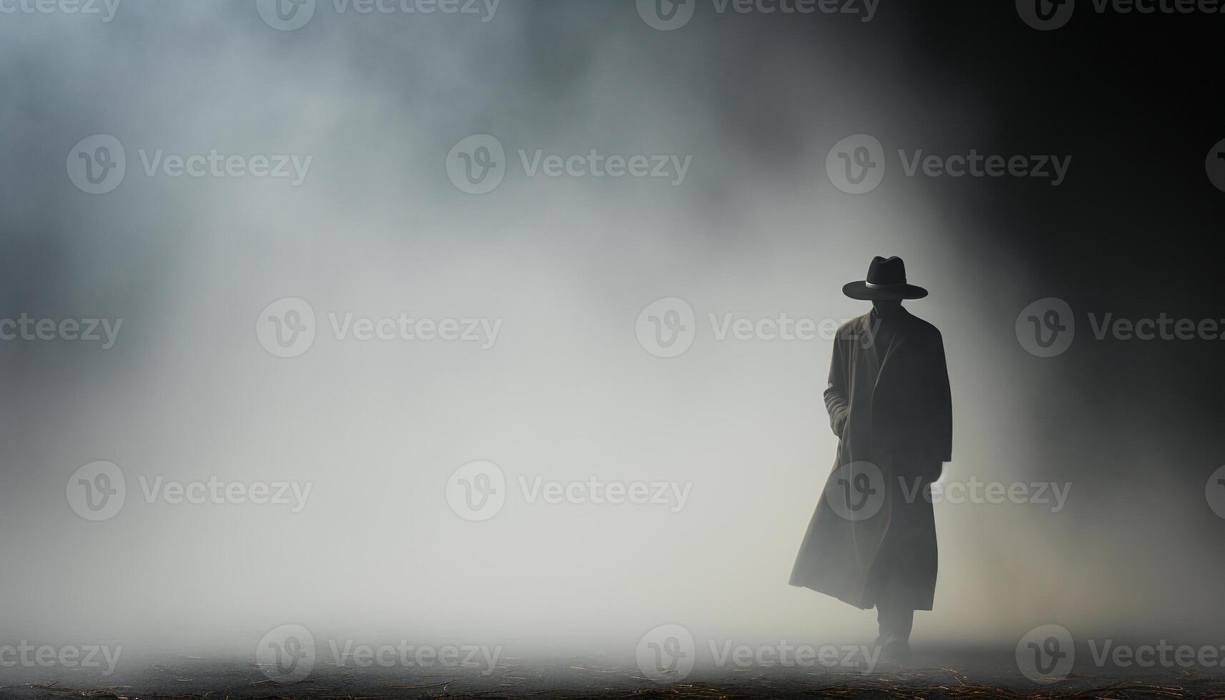 AI generated A solitary figure, standing in the foggy outdoors, mysterious generated by AI photo