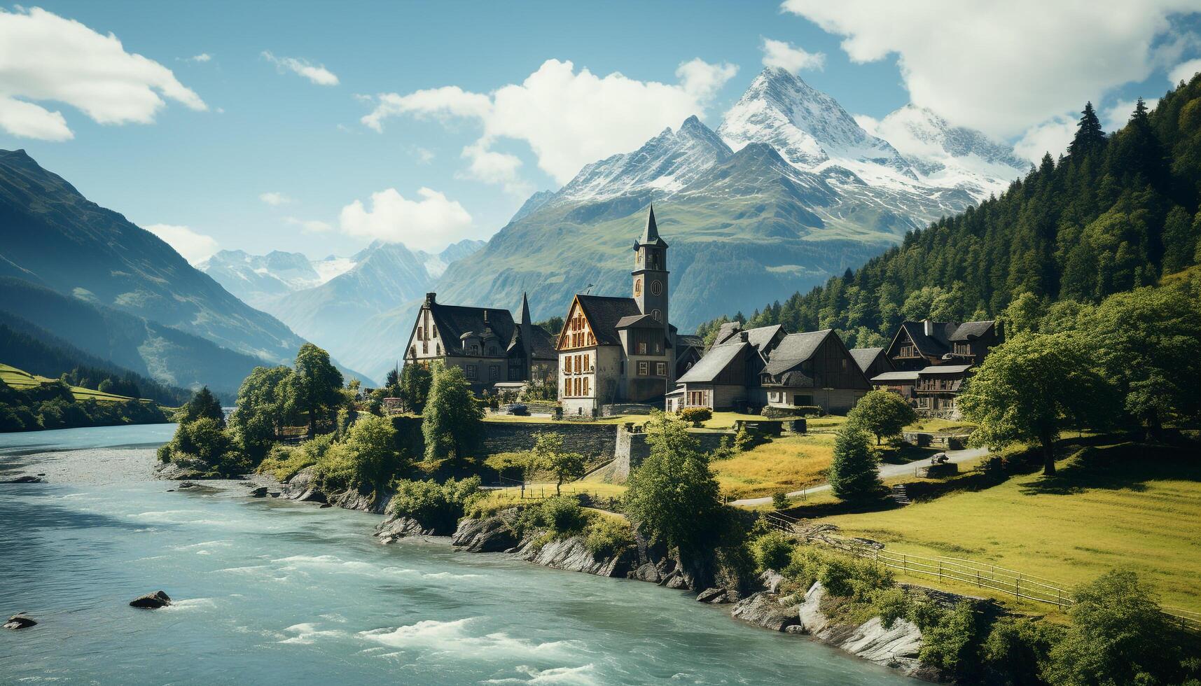 AI generated Tranquil chapel nestled in Asturias, surrounded by majestic mountains generated by AI photo