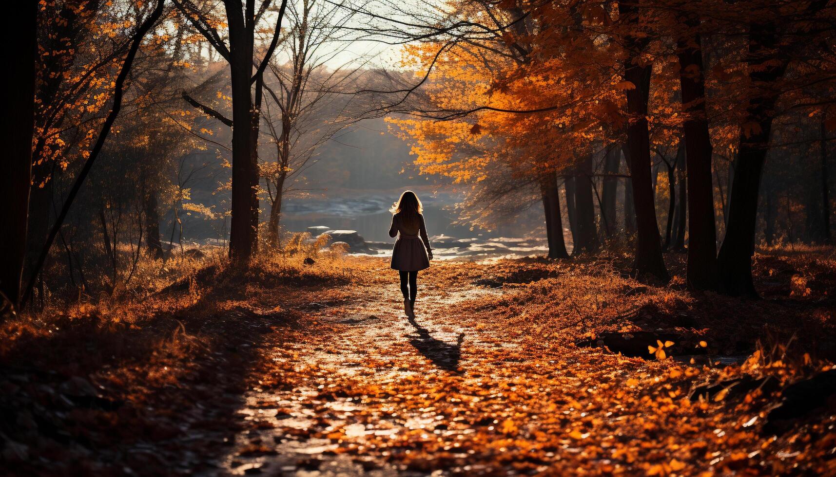 ai generado un joven mujer camina en el otoño bosque, disfrutando soledad generado por ai foto