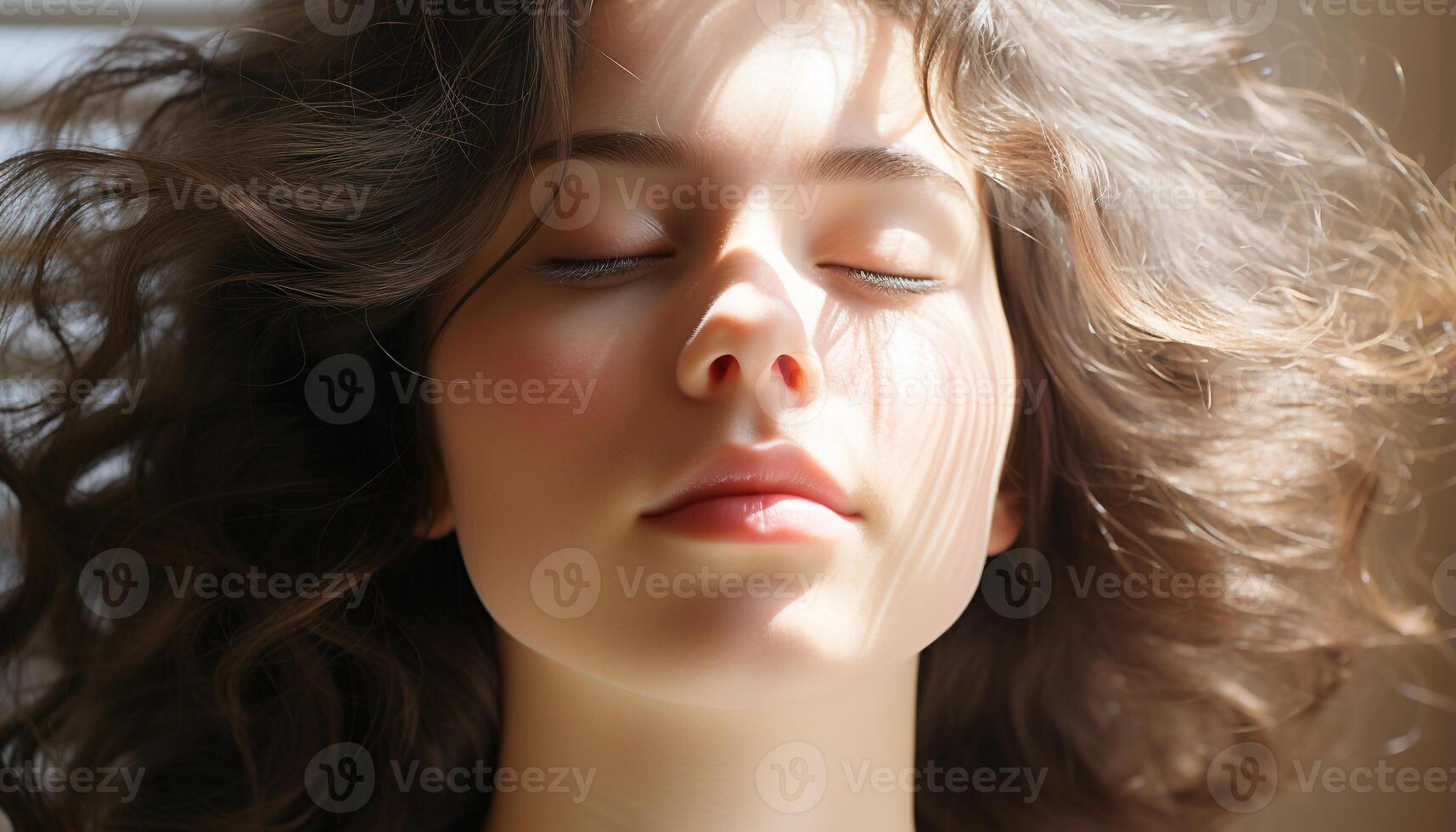 ai generado uno hermosa mujer con largo marrón cabello, ojos cerrado, al aire libre generado por ai foto