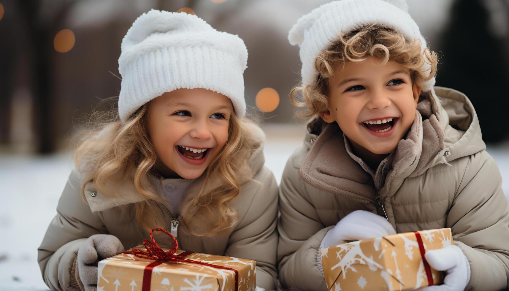 ai generado sonriente caucásico niños jugando al aire libre, disfrutando Navidad regalo juntos generado por ai foto