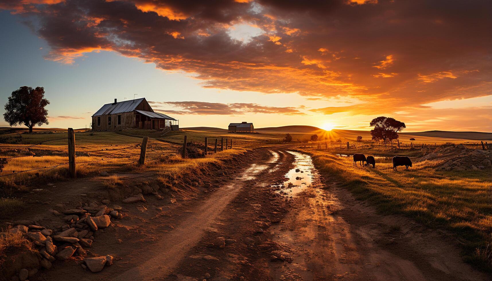 ai generado tranquilo puesta de sol terminado rural granja, vacas pacer en prado generado por ai foto