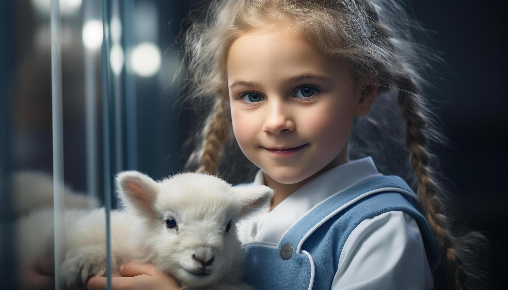 AI generated Cute child smiling, holding fluffy rabbit, joyful childhood on farm generated by AI photo