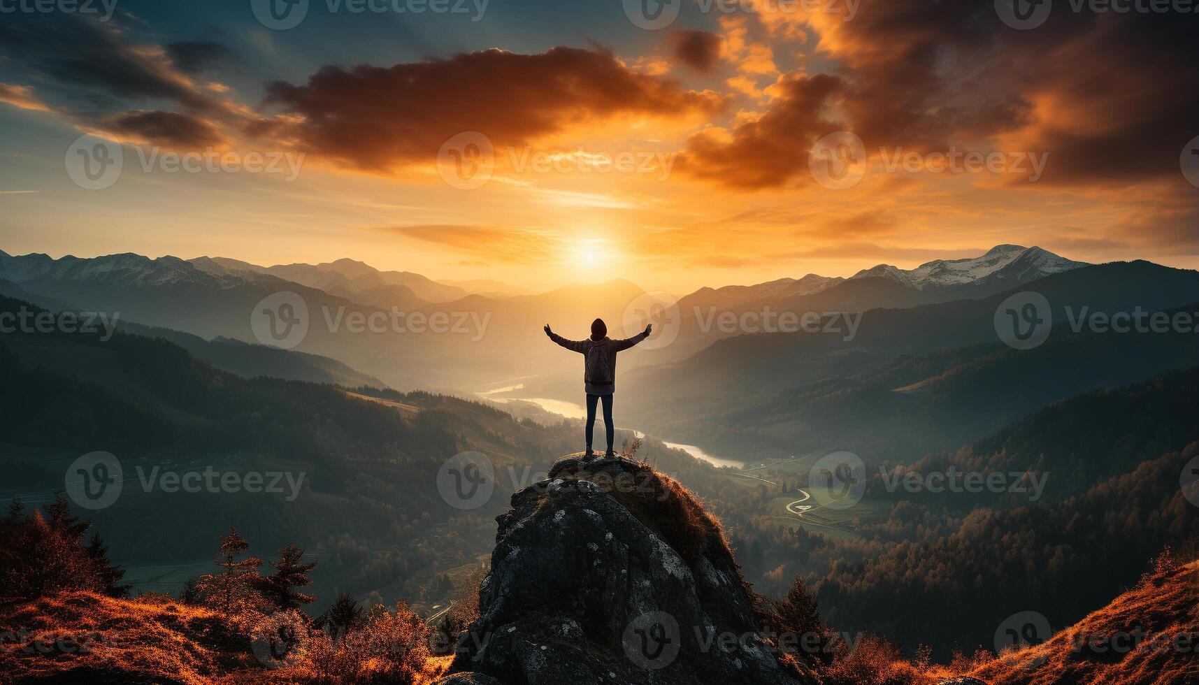 AI generated One person standing on top of majestic mountain peak, arms raised in success generated by AI photo