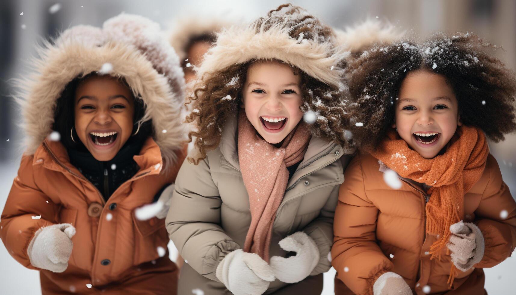 AI generated Smiling winter happiness, cheerful outdoors, snow fun, Caucasian and African ethnicity generated by AI photo