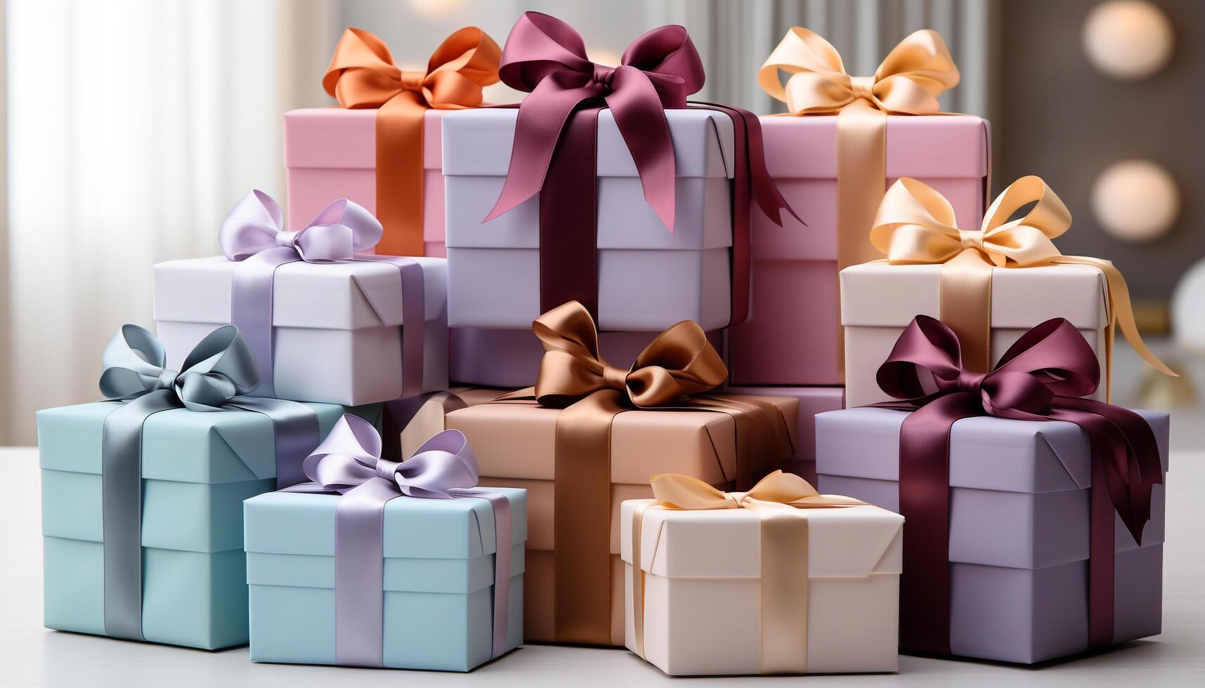 AI generated A stack of wrapped gift boxes, colorful and ornate generated by AI photo