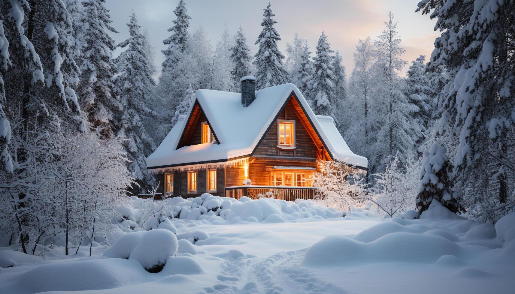 AI generated Winter night  snowing, frost, illuminated window, cozy cottage, coniferous forest generated by AI photo