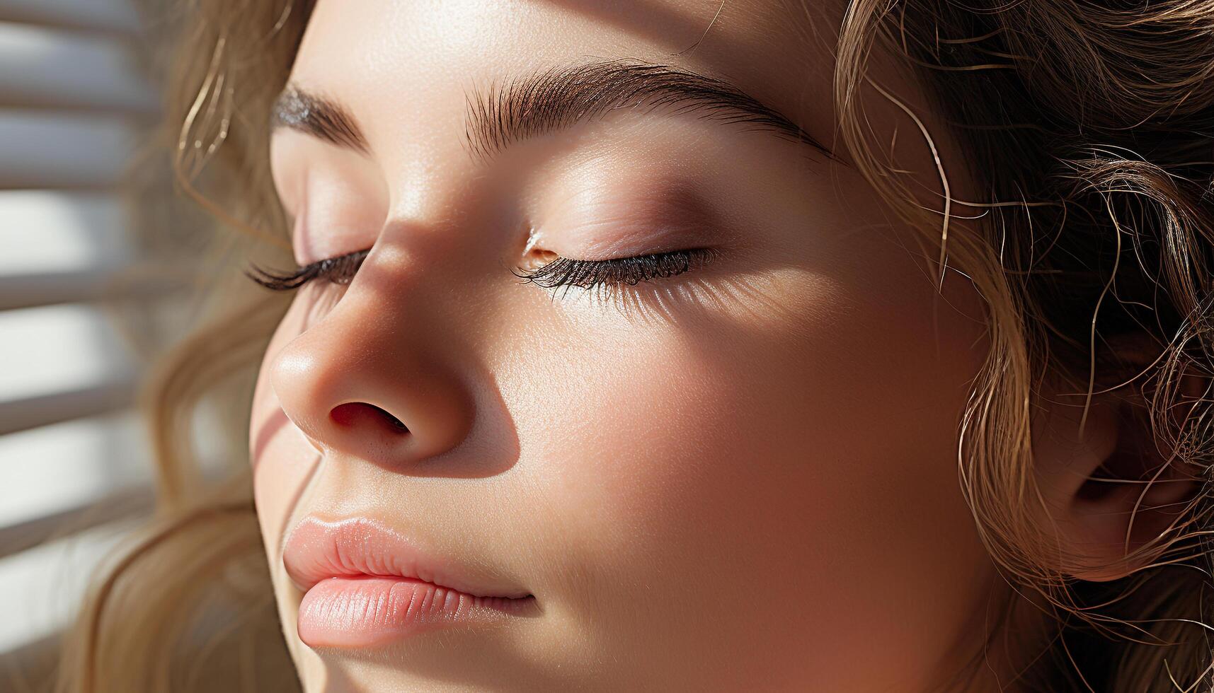 AI generated Young woman with long brown hair, smiling under the sun generated by AI photo