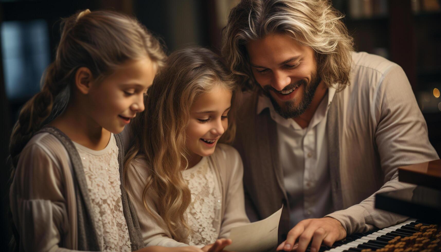 ai generado un contento familia unión adentro, sonriente, jugando, y aprendizaje juntos generado por ai foto