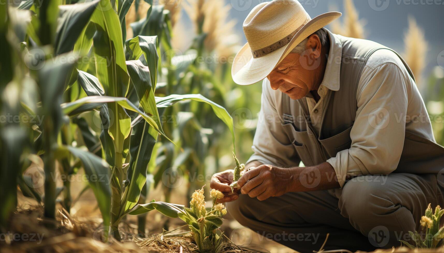 AI generated One mature man working outdoors, examining growth on farm generated by AI photo