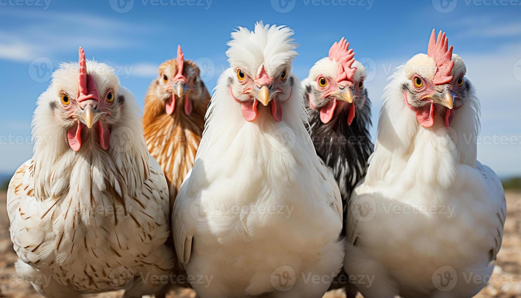 ai generado linda joven pollos en pie en prado, gratis rango aves de corral industria generado por ai foto