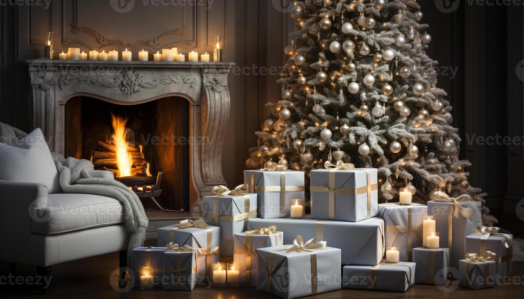 AI generated Cozy living room, glowing Christmas tree, family celebration, elegant decorations generated by AI photo