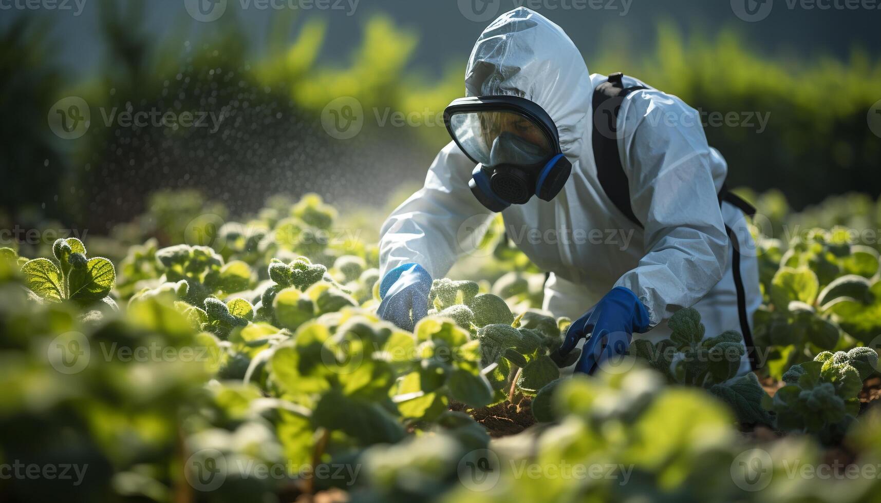 ai generado uno persona trabajando al aire libre en protector ropa de trabajo, analizando planta crecimiento generado por ai foto