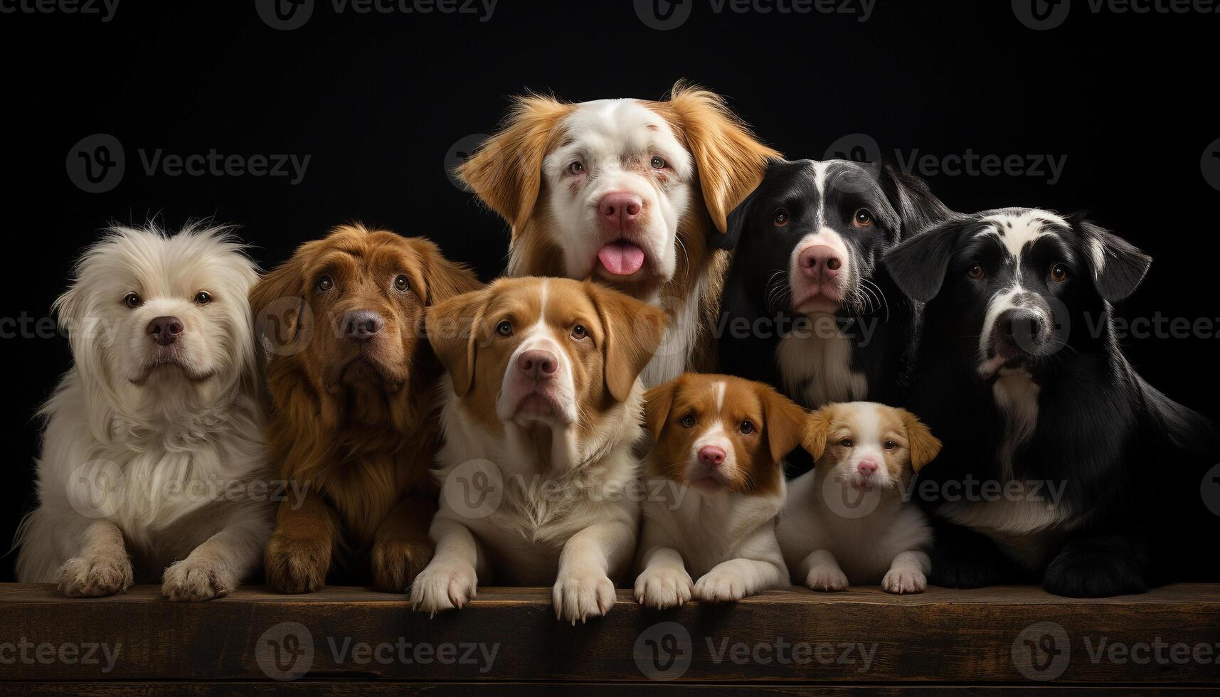 AI generated Cute puppy sitting, looking at camera, surrounded by furry friends generated by AI photo