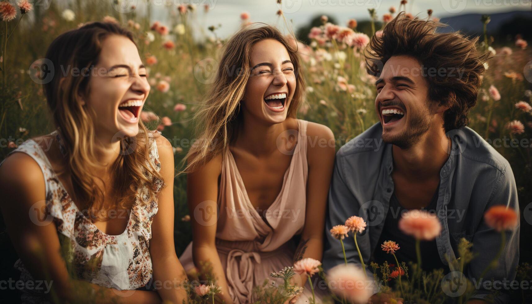 ai generado joven adultos disfrutando verano al aire libre, riendo y sonriente juntos en naturaleza generado por ai foto