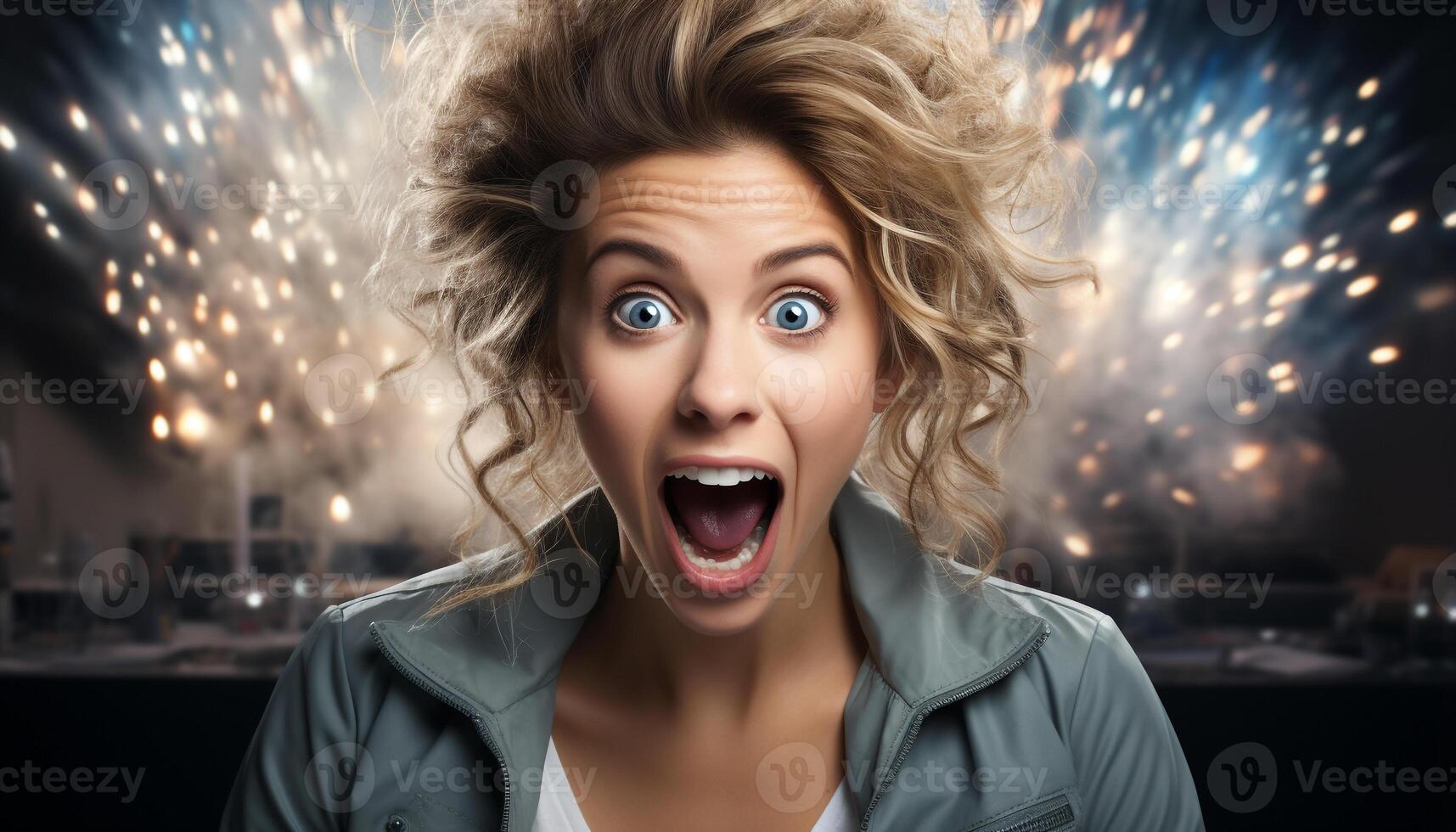 AI generated Young woman screaming with joy, mouth open, looking at camera generated by AI photo