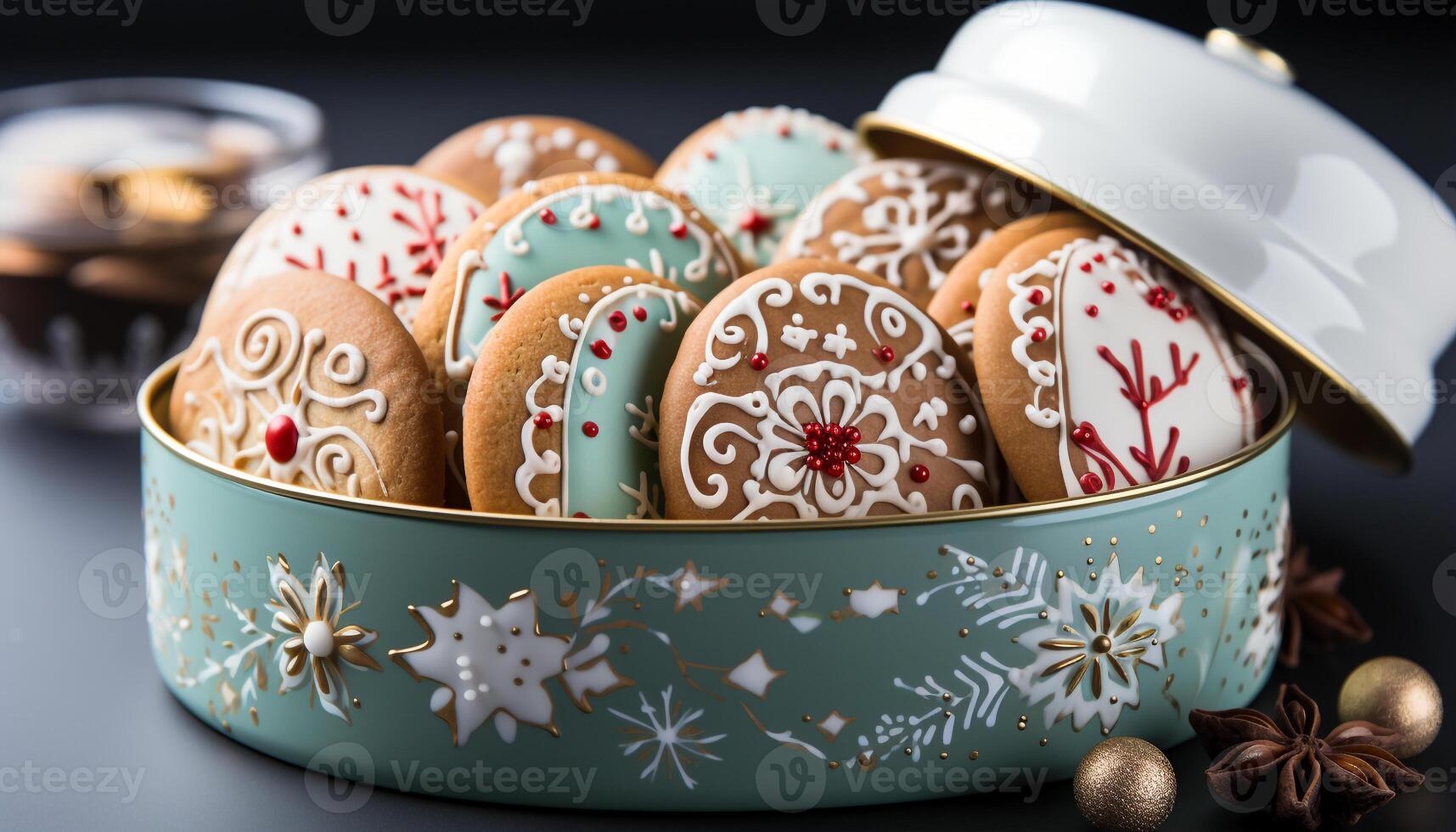 AI generated Homemade gingerbread cake, decorated with icing and chocolate snowflakes generated by AI photo