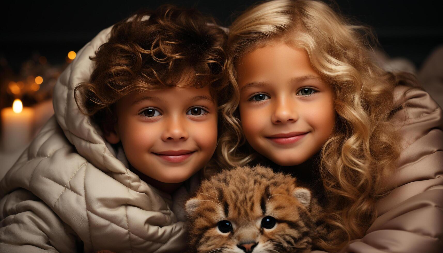 AI generated Cute children playing, smiling, embracing, looking at camera, joyful generated by AI photo