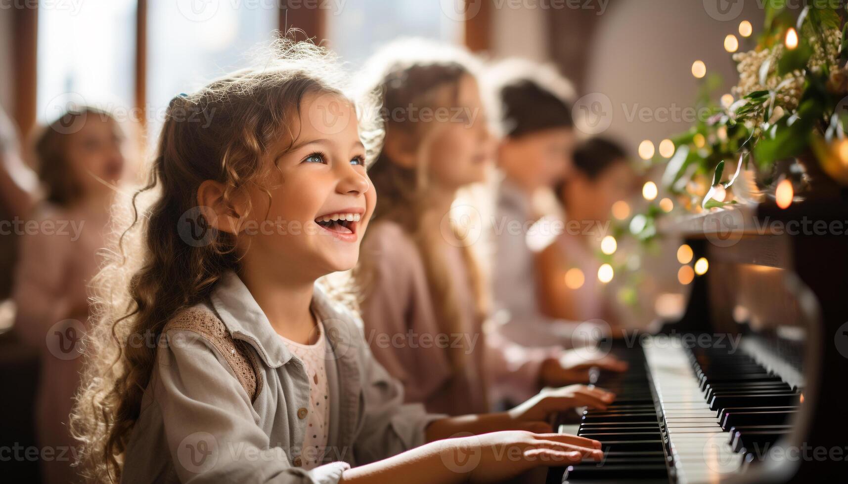 ai generado sonriente muchachas jugando piano, aprendiendo, disfrutando infancia adentro generado por ai foto