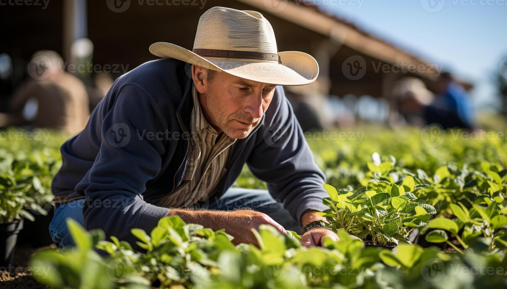 AI generated One mature farmer working outdoors, planting organic plants in summer generated by AI photo