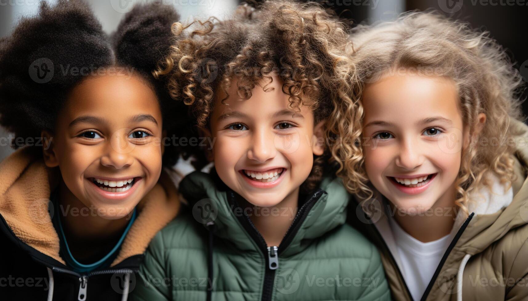 ai generado sonriente niños, alegre y feliz, mirando a cámara con amor generado por ai foto