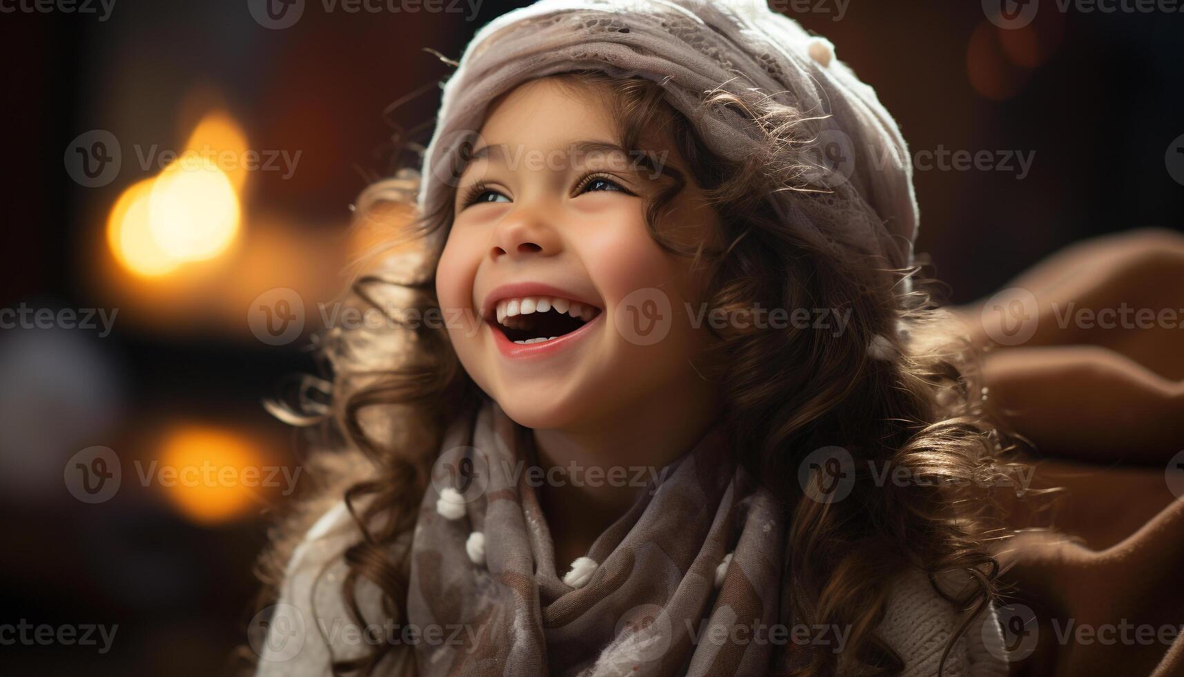 AI generated A cute, cheerful girl laughing, enjoying winter joyful celebration generated by AI photo