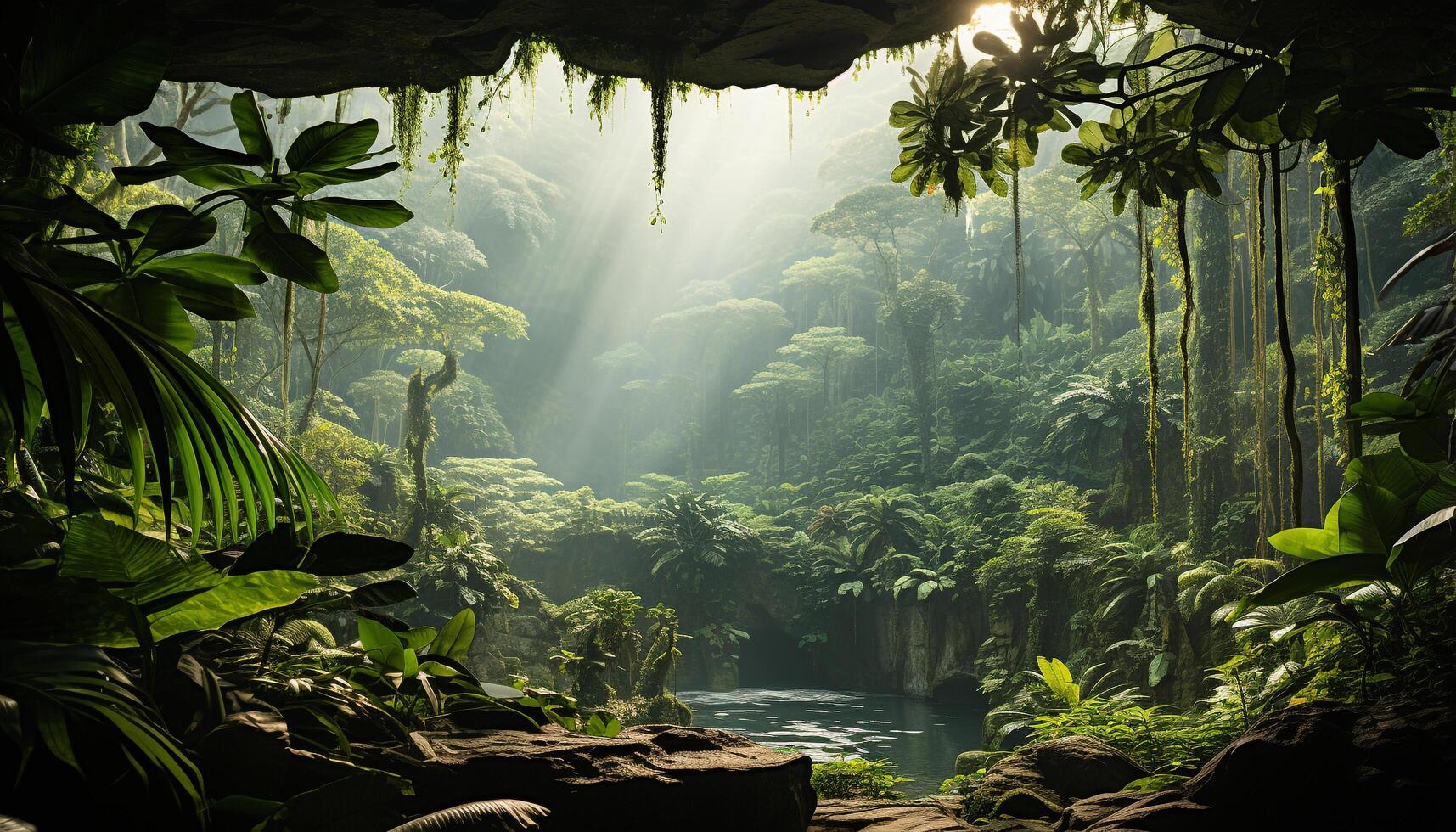 AI generated Tropical rainforest adventure  lush green trees, flowing water, mysterious beauty generated by AI photo