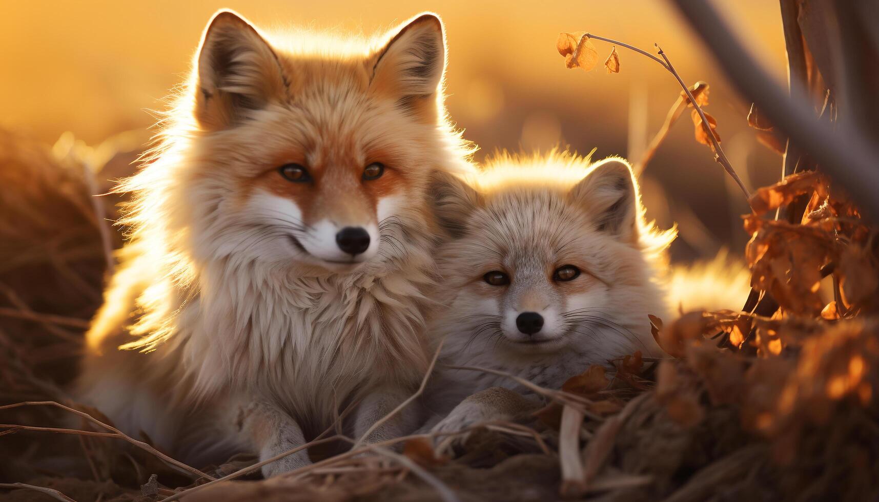 AI generated Cute red fox puppy sitting in snowy forest at sunset generated by AI photo