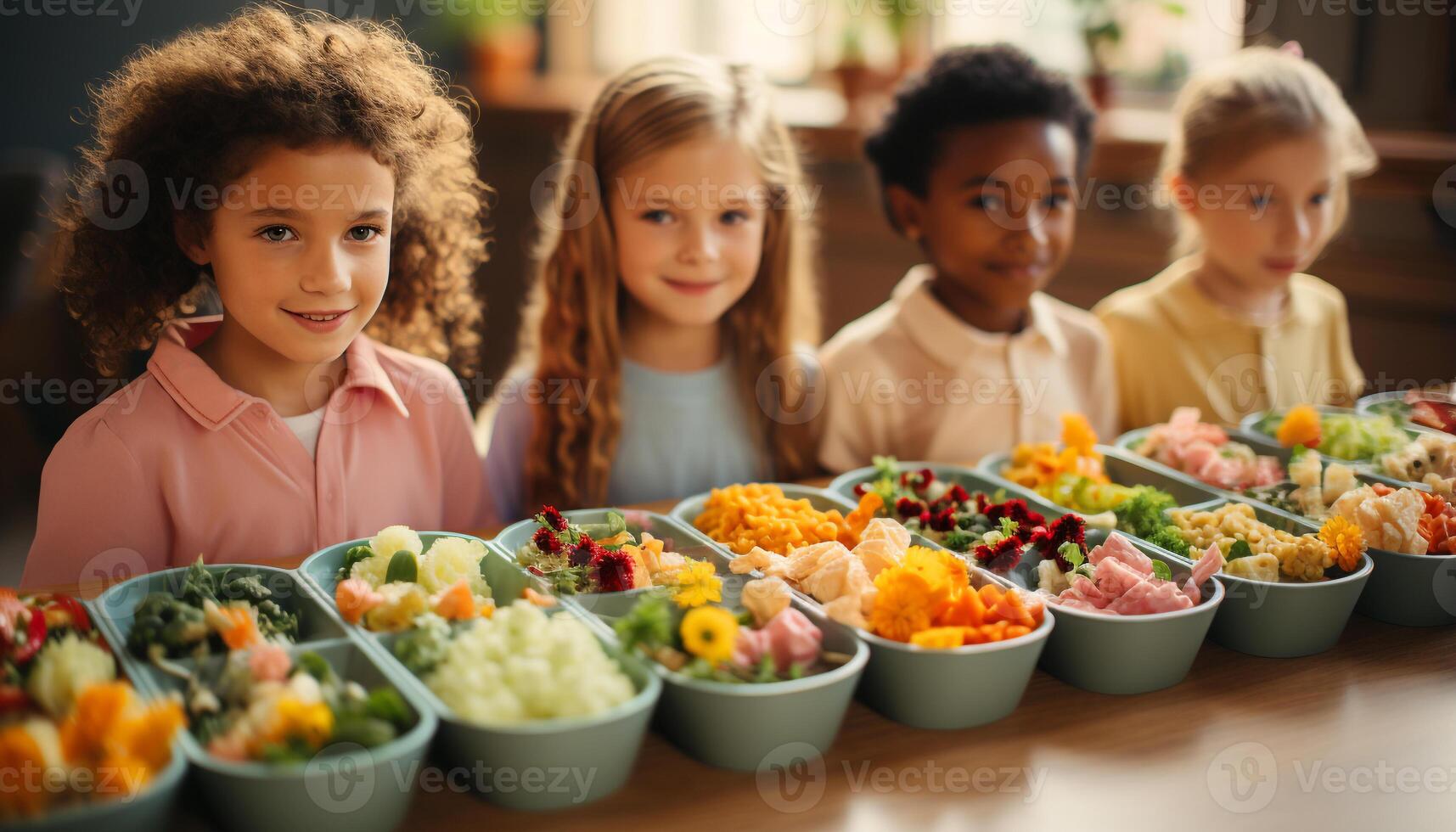 ai generado sonriente niños disfrutando sano alimento, unión en un salón de clases generado por ai foto