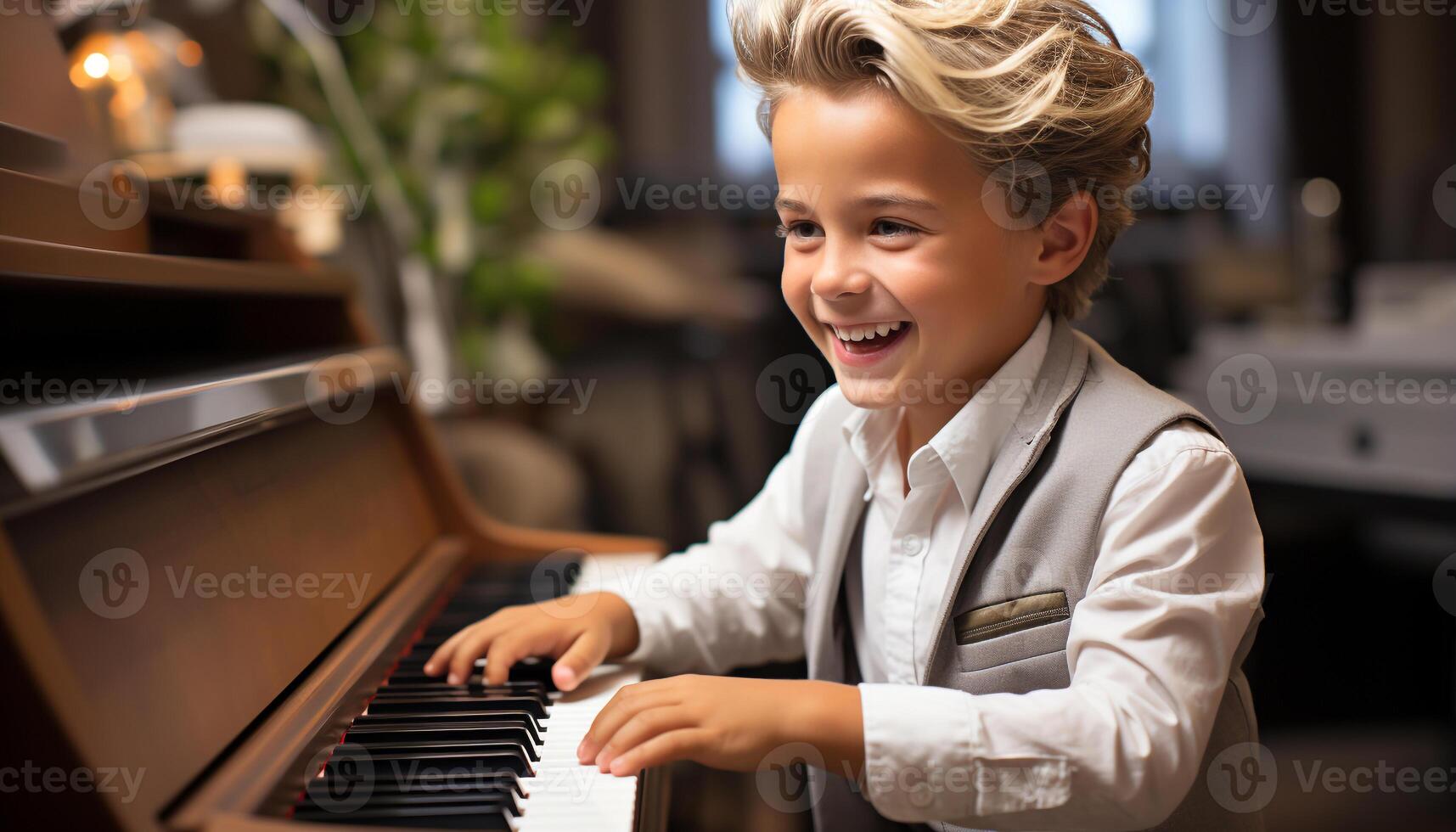 AI generated A cute boy playing piano, smiling with happiness and concentration generated by AI photo