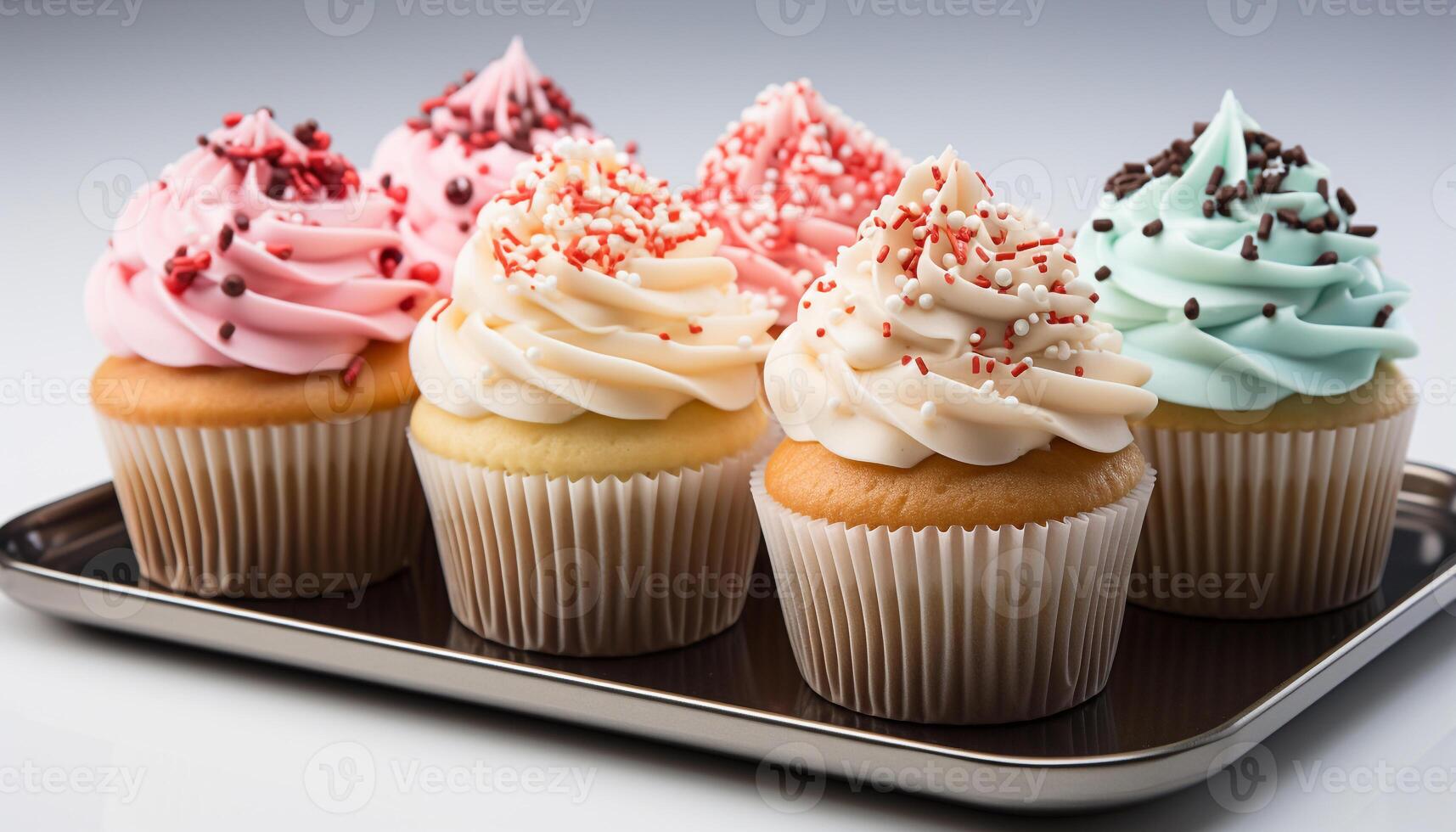 AI generated Homemade gourmet cupcake with pink icing, chocolate decoration, and strawberry generated by AI photo