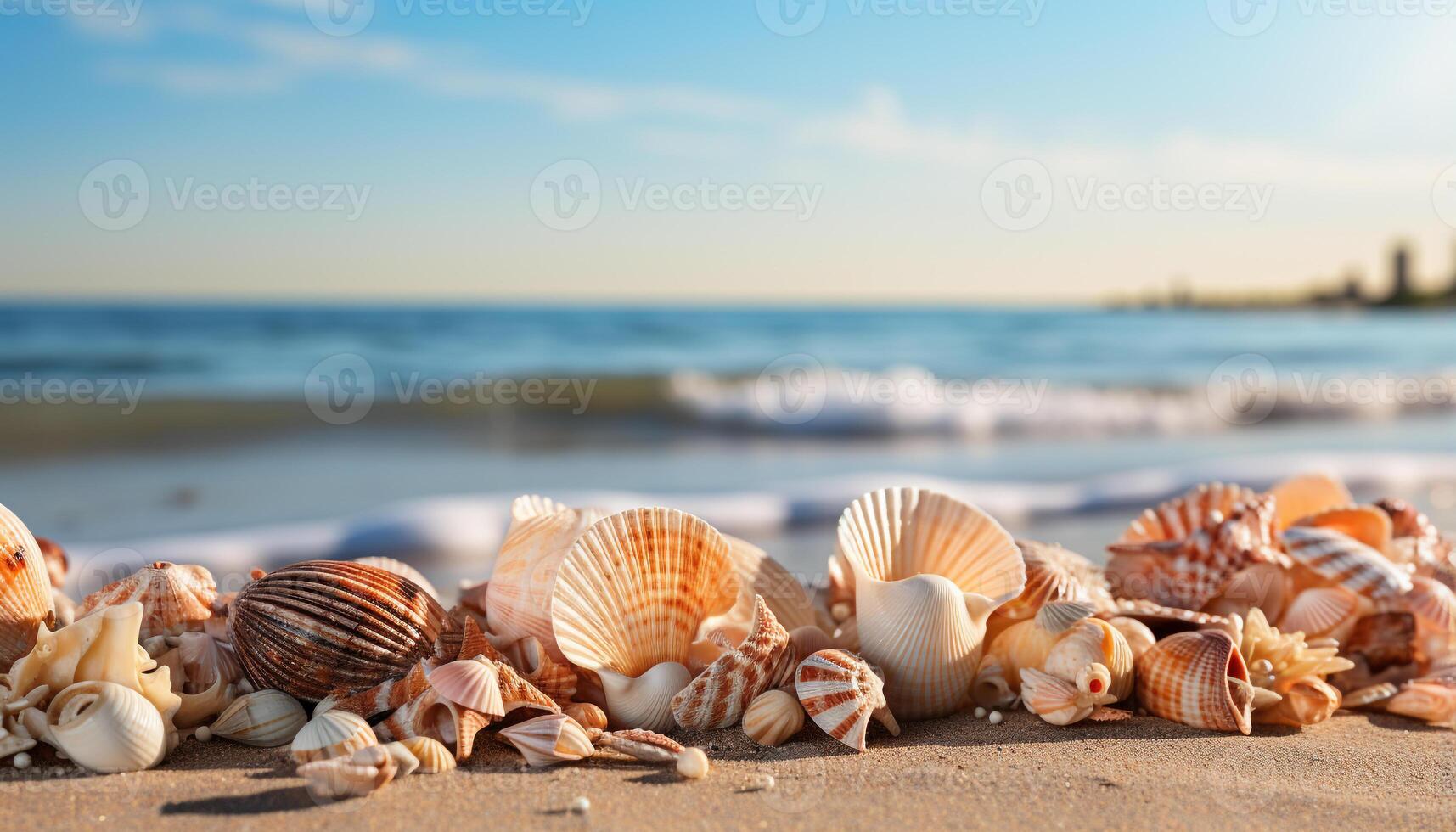 AI generated Tranquil coastline, summer sunset, seashells decorate sandy beach generated by AI photo