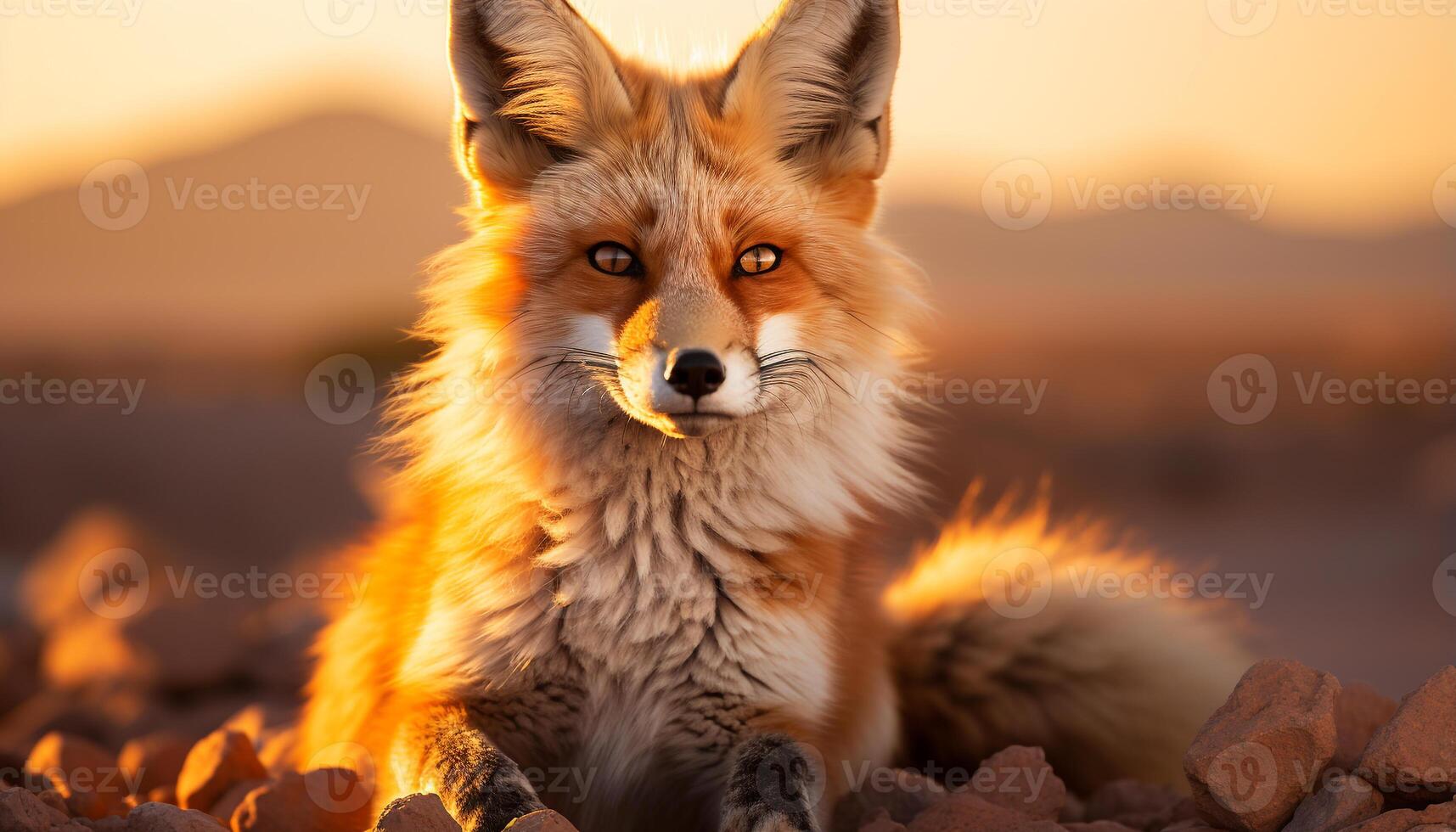 AI generated Cute red fox sitting in grass, looking at camera generated by AI photo