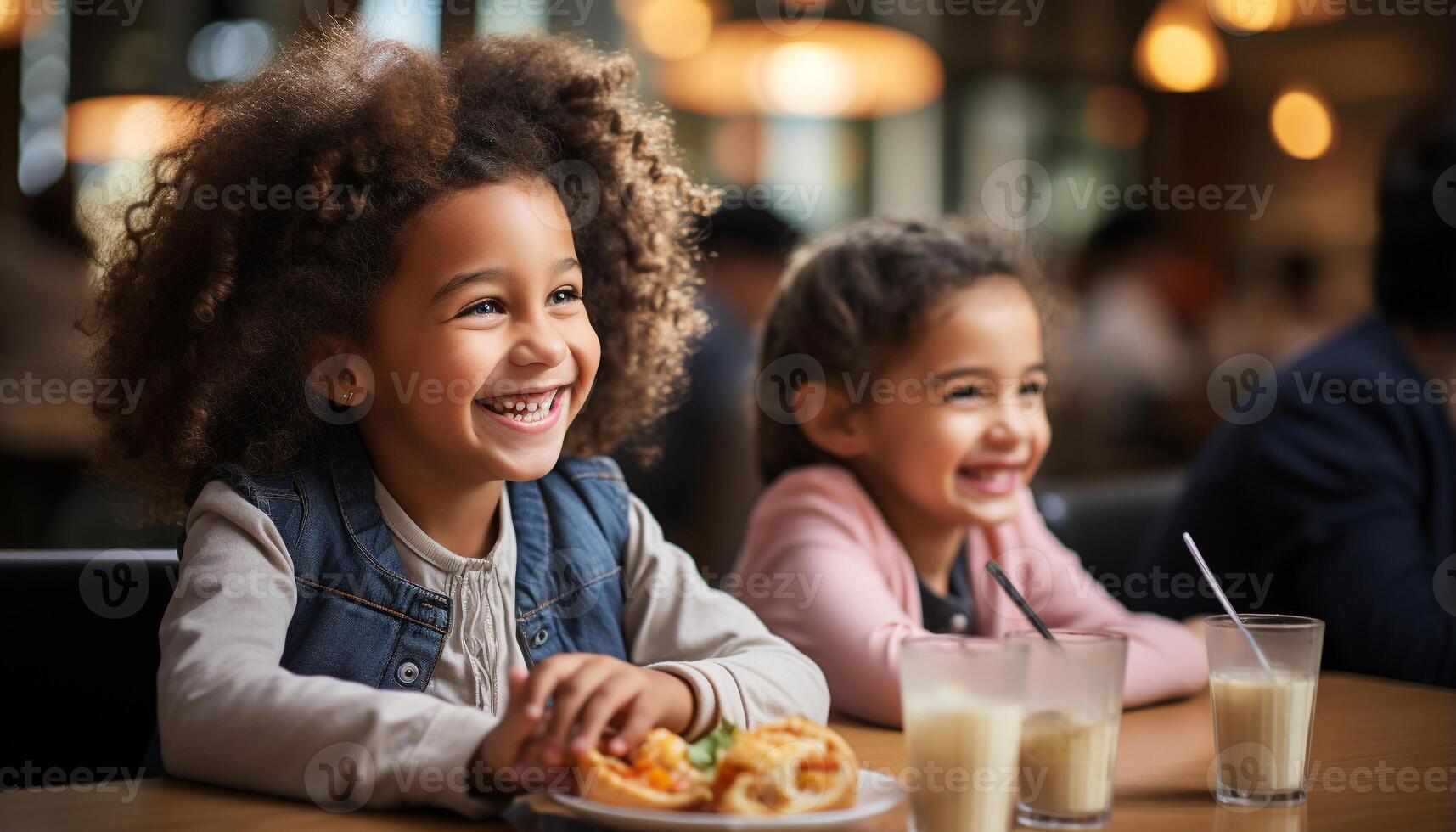 AI generated Two cheerful girls sitting at table, enjoying food with family generated by AI photo
