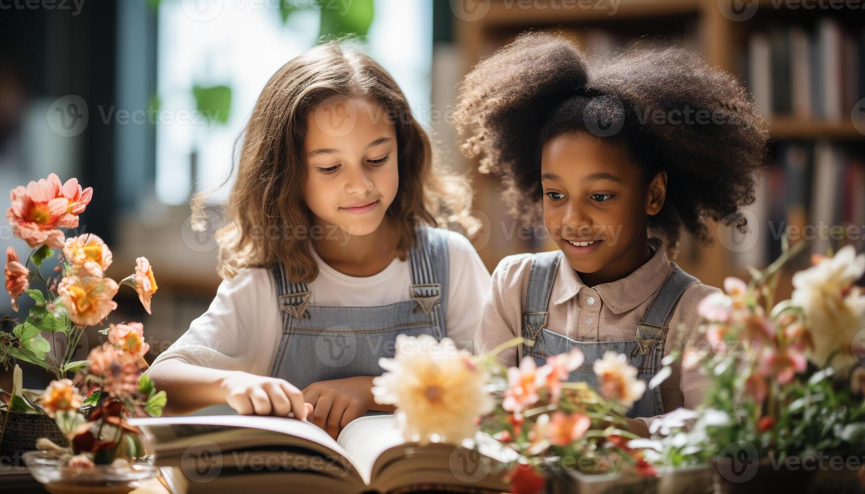 AI generated Two girls smiling, learning indoors, cheerful in their childhood generated by AI photo
