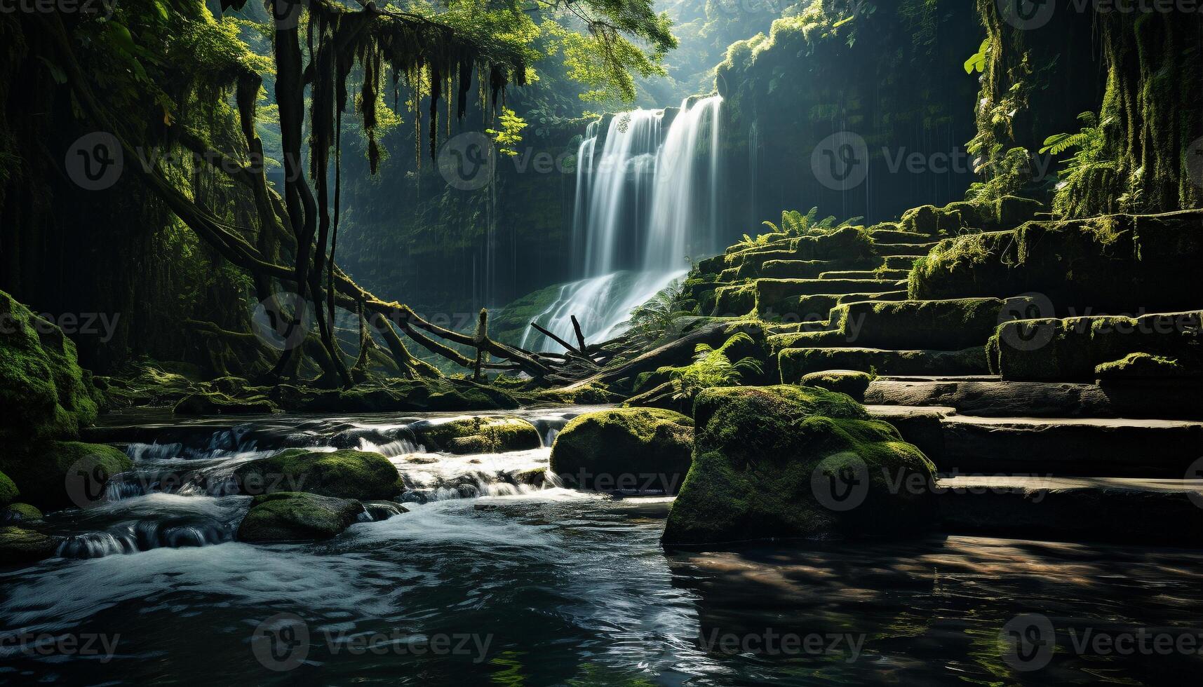 ai generado tranquilo escena fluido agua, verde árboles, y rocoso acantilados generado por ai foto