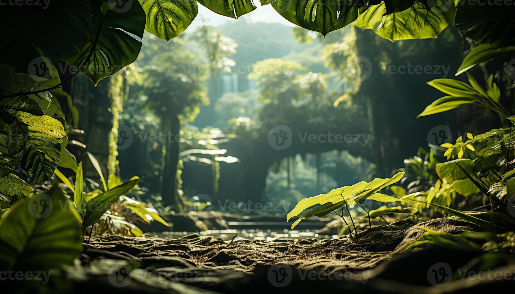 AI generated Mysterious tropical rainforest  green trees, fog, and rocky mountains generated by AI photo